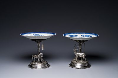 A pair of Chinese blue and white plates with silver-plated 'Alpaca Berndorf' mounts, Jiaqing