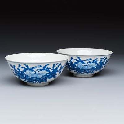 A pair of Chinese blue and white 'Poppy' bowls, Guangxu mark and of the period