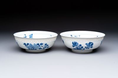 A pair of Chinese blue and white relief-border 'Lan Caihe' bowls, Kangxi