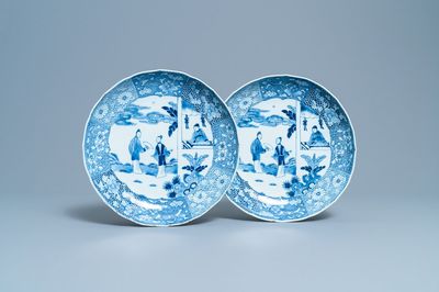 A pair of Chinese blue and white 'Romance of the Western Chamber' dishes, Qianlong