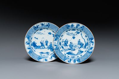 A pair of Chinese blue and white 'scholars' plates, Kangxi