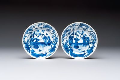 A pair of Chinese blue and white 'Sense of Smell' saucer dishes, artemisia leaf mark, Kangxi