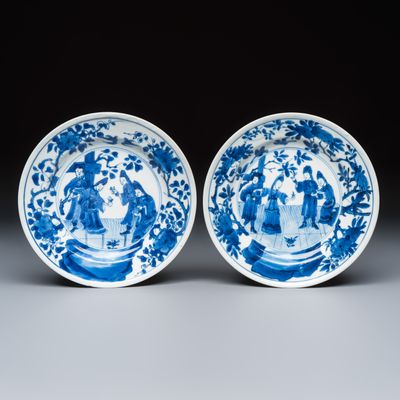 A pair of Chinese blue and white 'Sense of Smell' saucer dishes, artemisia leaf mark, Kangxi