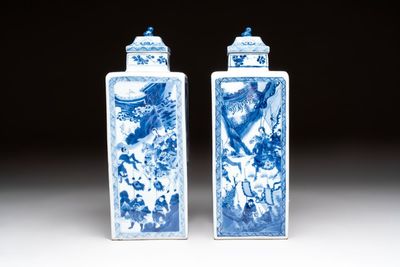 A pair of Chinese blue and white square flasks and covers with narrative design, Kangxi