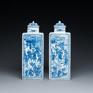 A pair of Chinese blue and white square 'narrative subject' vases and covers, Kangxi — photo 3