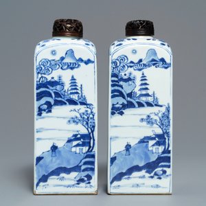 A pair of Chinese blue and white square tea caddies with landscapes and flowers, Kangxi — photo 2