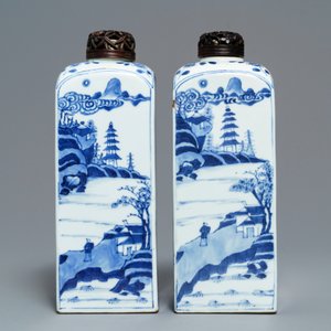 A pair of Chinese blue and white square tea caddies with landscapes and flowers, Kangxi — photo 4