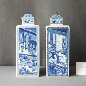 A pair of Chinese blue and white square vases and covers, Kangxi — 照片 36