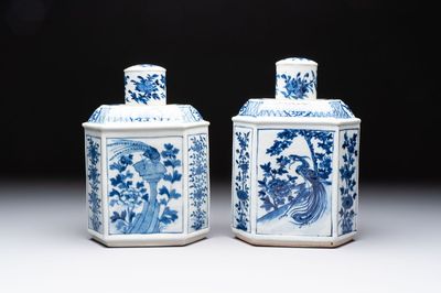 A pair of Chinese blue and white tea caddies and covers, 19th C.