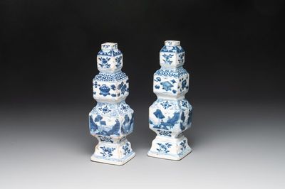 A pair of Chinese blue and white triple-gourd square vases, Kangxi