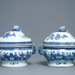 A pair of Chinese blue and white tureens with ladies in a garden, Qianlong — photo 4