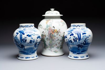A pair of Chinese blue and white vases and a famille rose covered vase, 19th C.