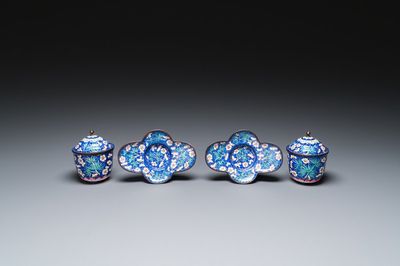 A pair of Chinese blue-ground Canton enamel covered bowls on stands, Qianlong
