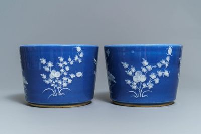 A pair of Chinese blue-ground slip-decorated jardinières, 19th C.