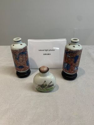 A pair of Chinese blue, white and copper-red 'mythical beasts' and a famille rose 'grasshopper' snuff bottle, Yongzheng and Daoguang mark, 19th C. — photo 1