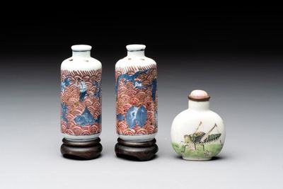 A pair of Chinese blue, white and copper-red 'mythical beasts' and a famille rose 'grasshopper' snuff bottle, Yongzheng and Daoguang mark, 19th C.