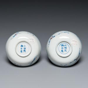 A pair of Chinese blue, white and copper-red semi-eggshell bowls, Xuande mark, Wanli — 照片 3