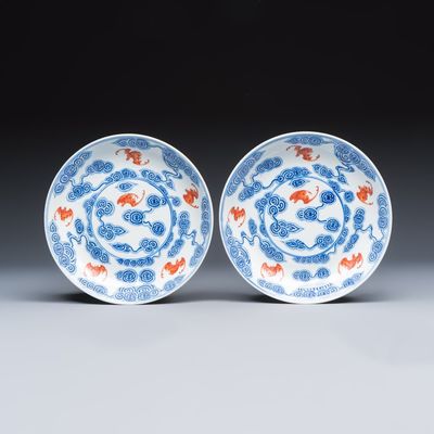 A pair of Chinese blue, white and iron-red 'Hong Fu Qi Tian 洪福齊天' plates, Xuantong mark, Republic
