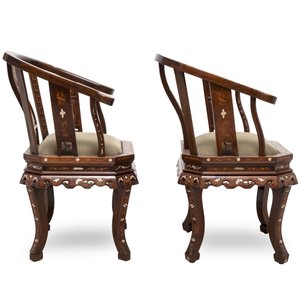 A pair of Chinese bone-inlaid hongmu chairs with dragons and phoenixes design, 20th C. — photo 6