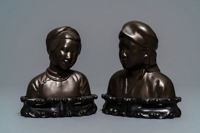 A pair of Chinese bronze 'Cultural Revolution' busts, 3rd quarter of the 20th C.