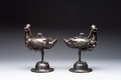 A pair of Chinese bronze duck-form censers, 17/18th C.