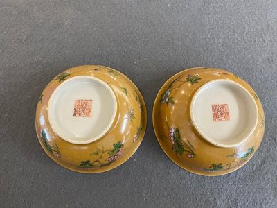A pair of Chinese café-au-lait-ground famille rose 'grasshopper' bowls, Daoguang mark and of the period — 照片 2