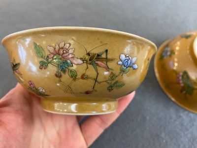 A pair of Chinese café-au-lait-ground famille rose 'grasshopper' bowls, Daoguang mark and of the period — 照片 5