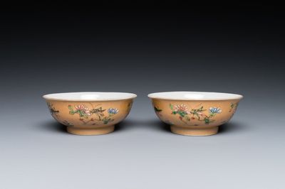 A pair of Chinese café-au-lait-ground famille rose 'grasshopper' bowls, Daoguang mark and of the period