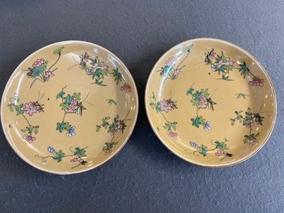 A pair of Chinese café-au-lait-ground famille rose 'grasshopper' plates, Daoguang mark and of the period — 照片 5