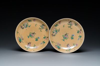 A pair of Chinese café-au-lait-ground famille rose 'grasshopper' plates, Daoguang mark and of the period