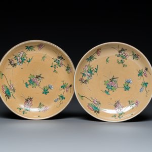 A pair of Chinese café-au-lait-ground famille rose 'grasshopper' plates, Daoguang mark and of the period — 照片 1