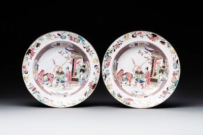 A pair of Chinese Canton enamel 'Fengyiting 鳳儀亭' plates, Yongzheng