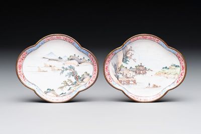A pair of Chinese Canton enamel quadrifoil 'riverscape' saucers, Yi Qi 亦奇 mark, 18th C.