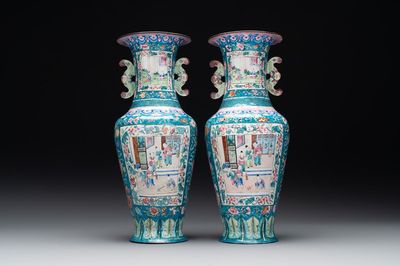 A pair of Chinese Canton enamel vases with narrative design, 19th C.