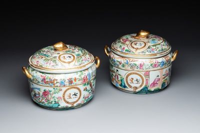 A pair of Chinese Canton famille rose armorial tureens, inner bowls and covers with the arms of Clerke, 19th C.
