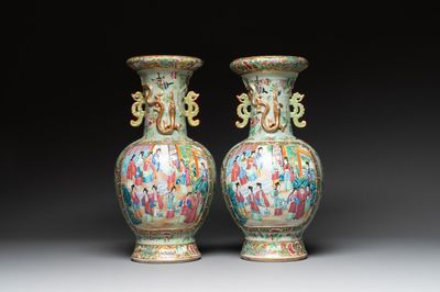 A pair of Chinese Canton famille rose celadon-ground 'court scene' vases, 19th C.