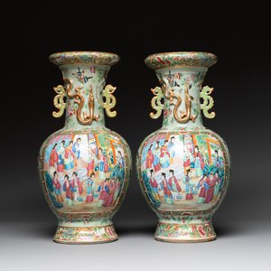A pair of Chinese Canton famille rose celadon-ground 'court scene' vases, 19th C. — photo 1