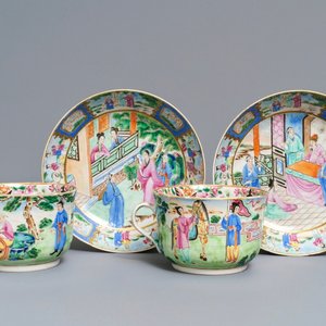 A pair of Chinese Canton famille rose cups and saucers inscribed for Van Speyk and dated 1831 — photo 1