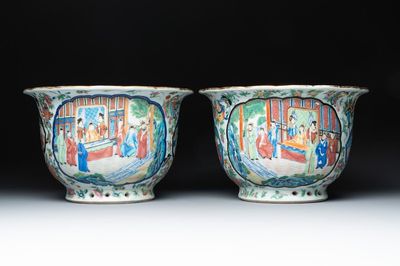 A pair of Chinese Canton famille rose jardinières with narrative design, 19th C.