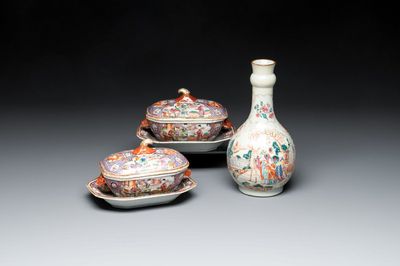 A pair of Chinese Canton famille rose 'mandarin subject' covered tureens and stands and a vase, Qianlong