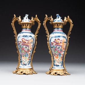A pair of Chinese Canton famille rose 'mandarin subject' vases with gilt bronze mounts, Qianlong — foto 1