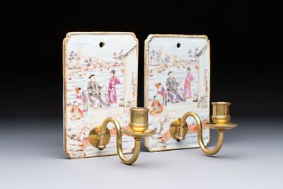 A pair of Chinese Canton famille rose 'Mandarin Subject' wall sconces, Qianlong
