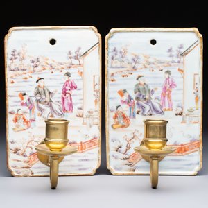 A pair of Chinese Canton famille rose 'Mandarin Subject' wall sconces, Qianlong — photo 2