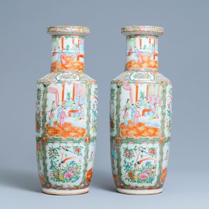 A pair of Chinese Canton famille rose rouleau vases, 19th C. — 照片 3