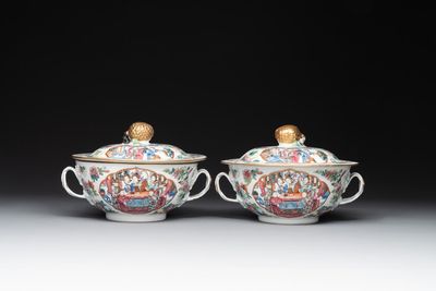 A pair of Chinese Canton famille rose two-handled bowls and covers with narrative design, Daoguang mark and of the period