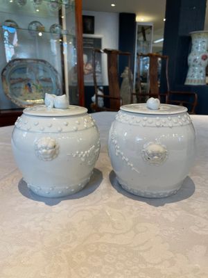 A pair of Chinese Canton famille rose vases and a pair of Dehua blanc de Chine drum-shaped covered jars, 19th C. — foto 13