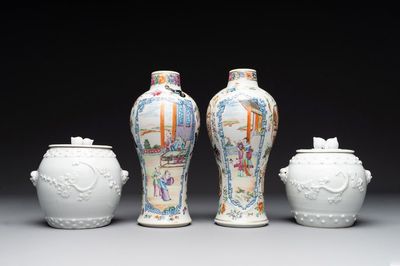 A pair of Chinese Canton famille rose vases and a pair of Dehua blanc de Chine drum-shaped covered jars, 19th C.