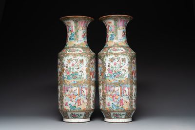 A pair of Chinese Canton famille rose vases with figures, flowers and insects, 19th C.