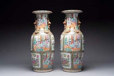 A pair of Chinese Canton famille rose vases with narrative design, 19th C.