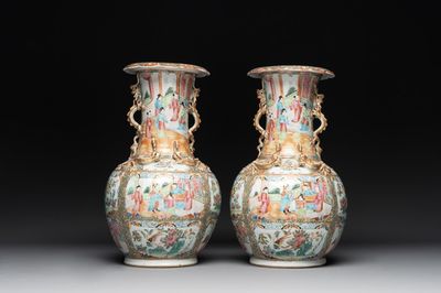 A pair of Chinese Canton famille rose vases with narrative design, 19th C.